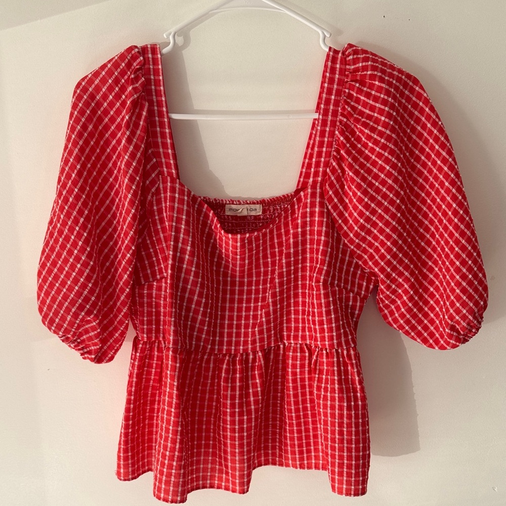 Moa Moa Red Checked Puff-Sleeve Peplum Blouse